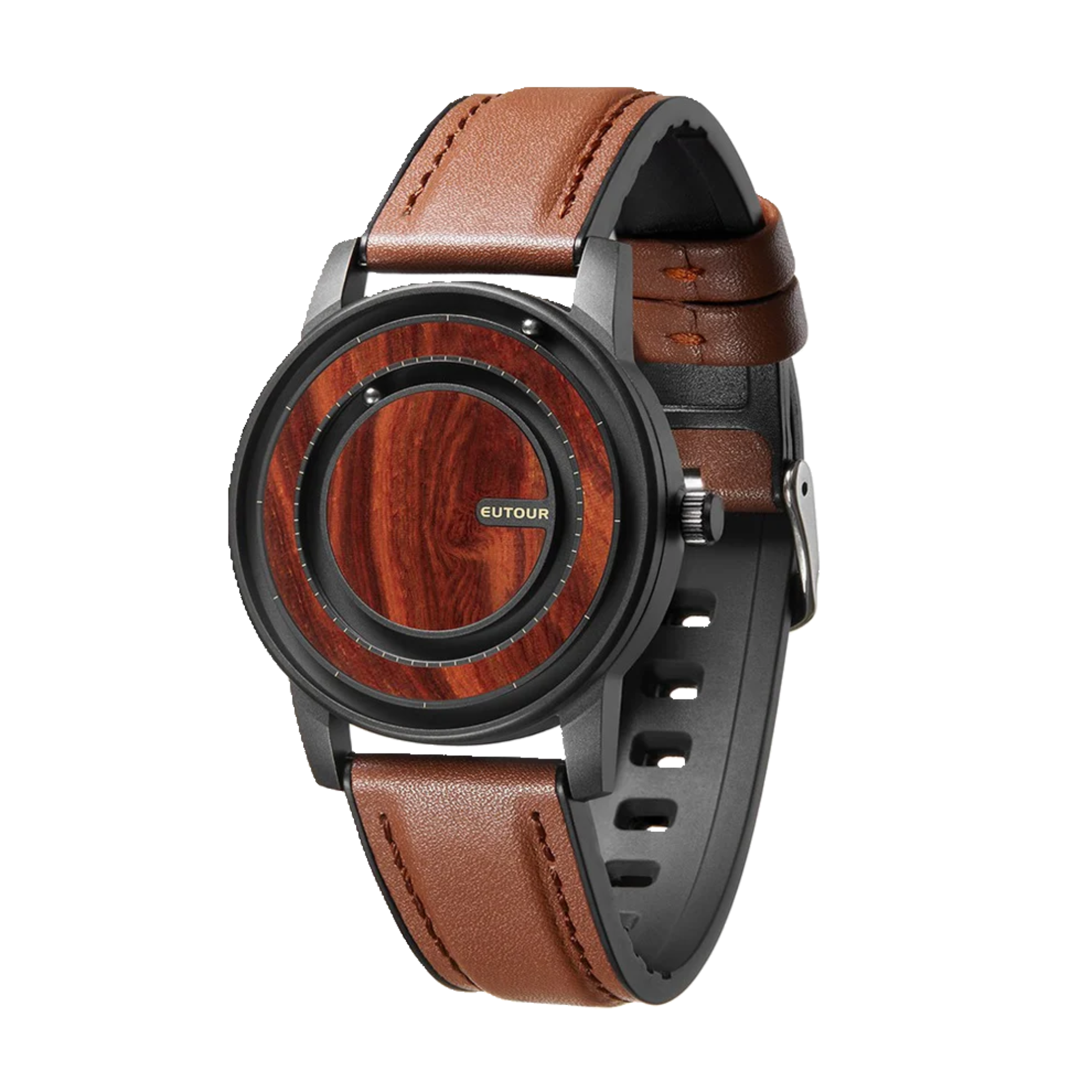 Watch with brown leather strap and wooden face on a white background