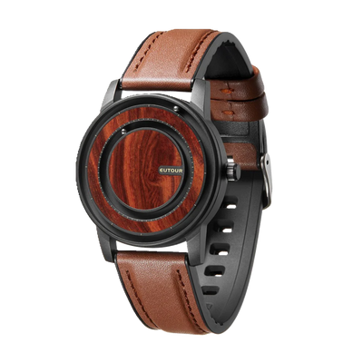 Watch with brown leather strap and wooden face on a white background
