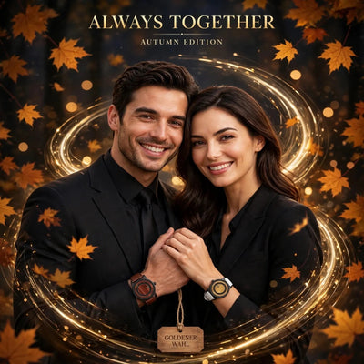 Happy couple in black outfits holding hands wearing matching EUTOUR magnetic ball watches - man brown leather, woman white leather - with ALWAYS TOGETHER AUTUMN EDITION text, golden light swirl and falling autumn maple leaves background with GOLDENER WAHL tag