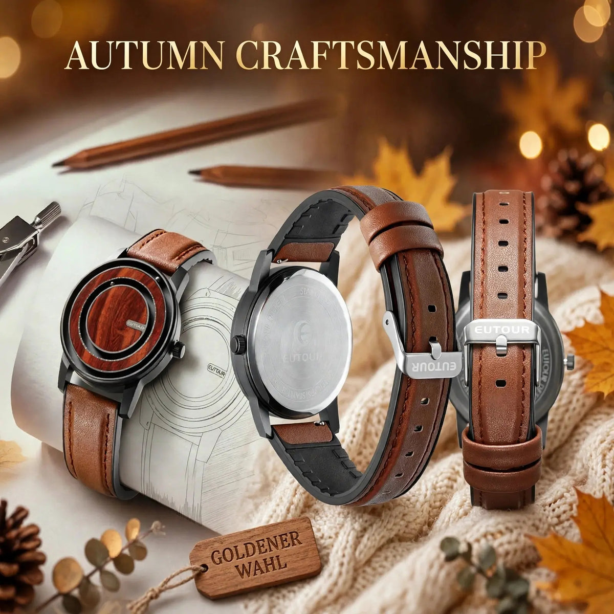 EUTOUR watch craftsmanship views showing front wood dial, stainless steel back case with logo, and leather strap with EUTOUR buckle on blueprint and knit fabric with autumn leaves and GOLDENER WAHL tag