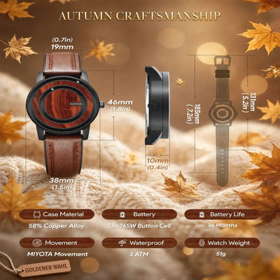 EUTOUR autumn craftsmanship watch dimensions diagram showing 46mm case, 38mm dial, 19mm strap width, 10mm thickness, with brown leather and wood dial on cozy knit background with autumn leaves