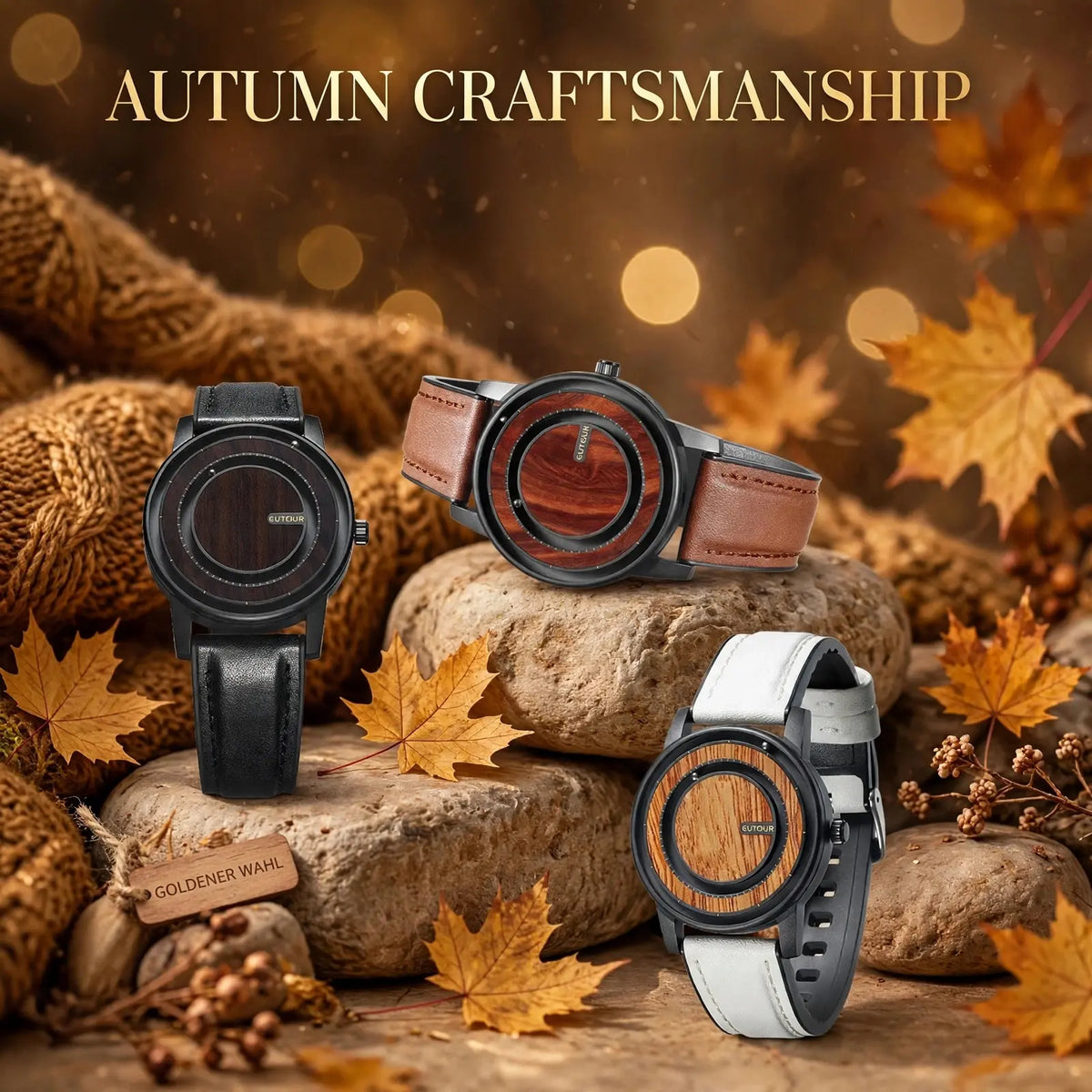 Three EUTOUR magnetic ball watches in brown, black and white leather with different wood dials displayed on rocks with pinecones and GOLDENER WAHL wooden tag, autumn craftsmanship concept