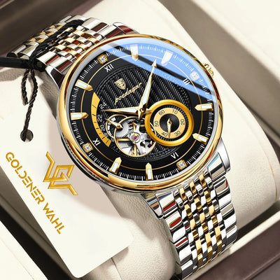 Gold and silver automatic mechanical watch with a black dial, presented in a light beige box with a branded tag.