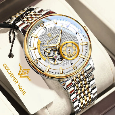 Goldener Wahl men's automatic skeleton watch with a silver and gold stainless steel link bracelet, featuring a white dial with Roman numerals, a gold subdial, and an exposed mechanical movement.
