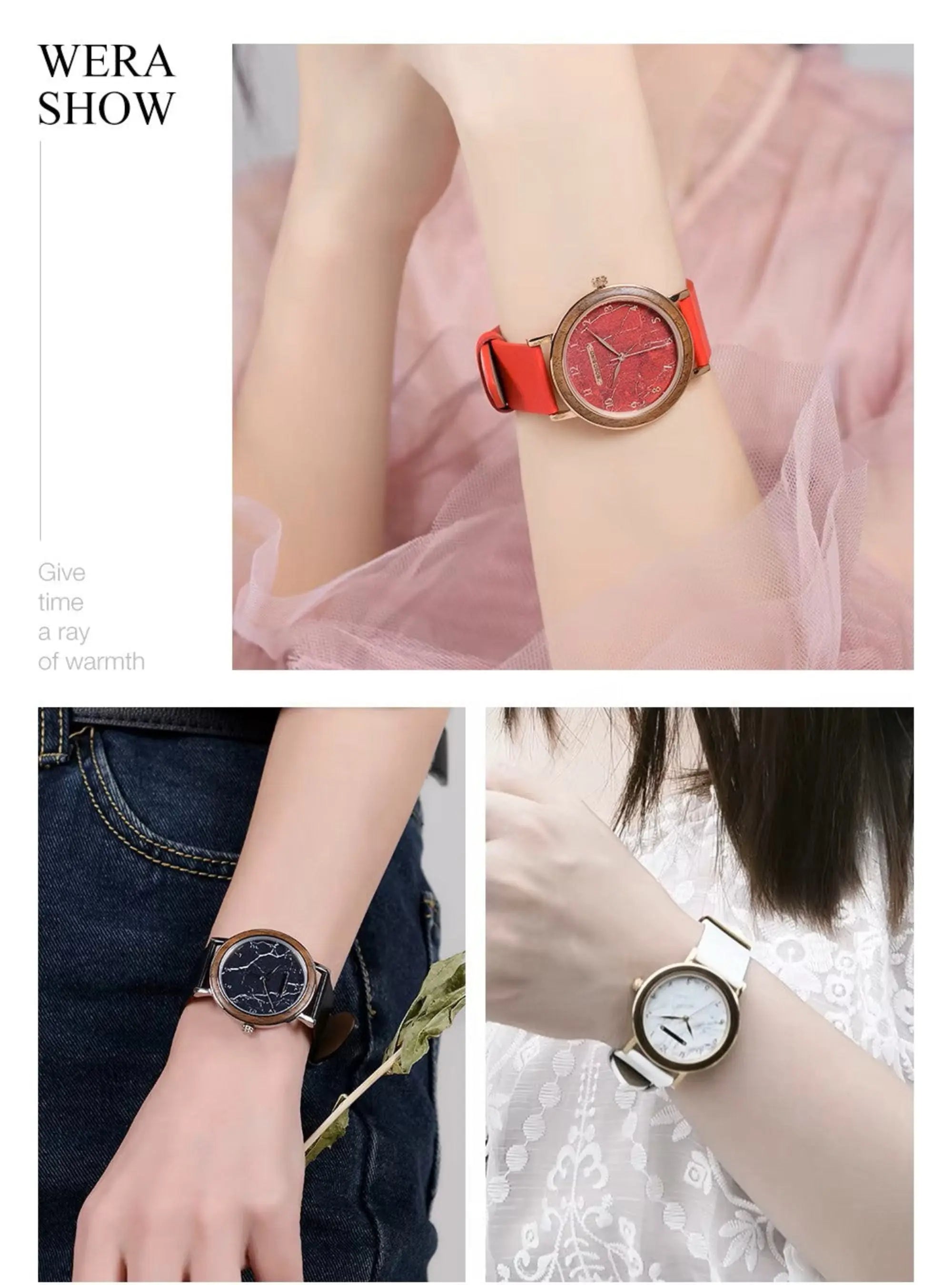 Collage of wristwatches with red, blue, and gold straps on different wrists.