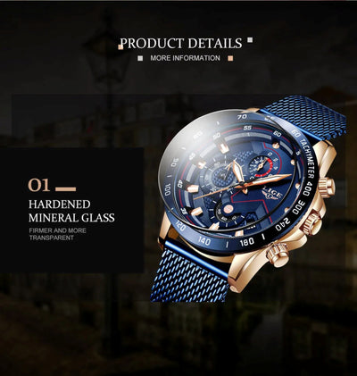 Luxury watch with blue and gold design on a dark background