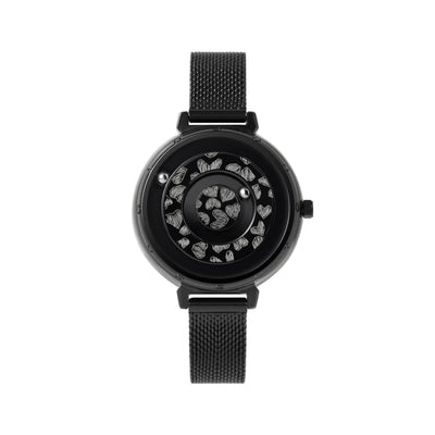 Black watch with a unique face design on a white background