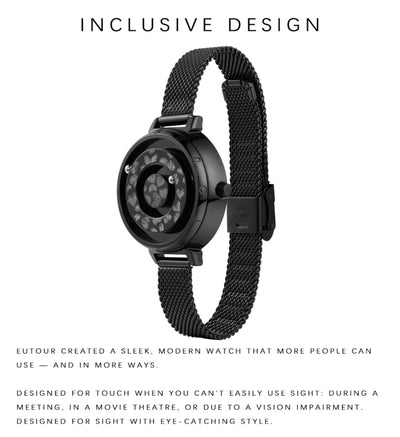 Black watch with mesh band on a white background, featuring text about inclusivity.