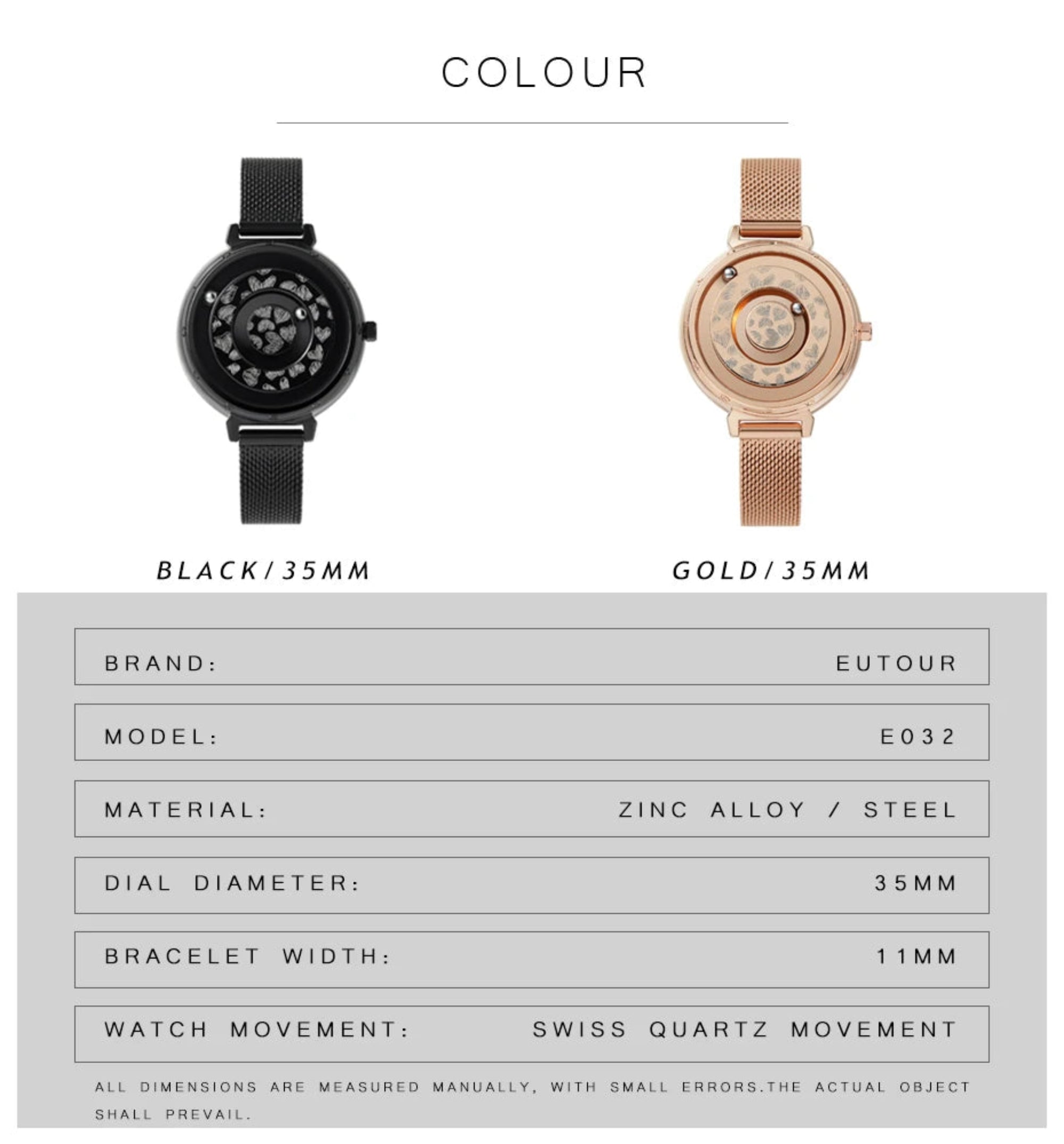 Two watches, one black and one gold, with specifications listed below on a white background.