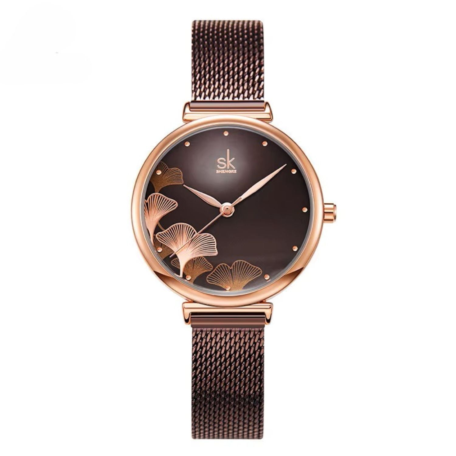 Shengke Women's Watch - Creative Brown Mesh Band.