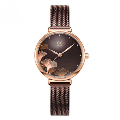 Shengke Women's Watch - Creative Brown Mesh Band.