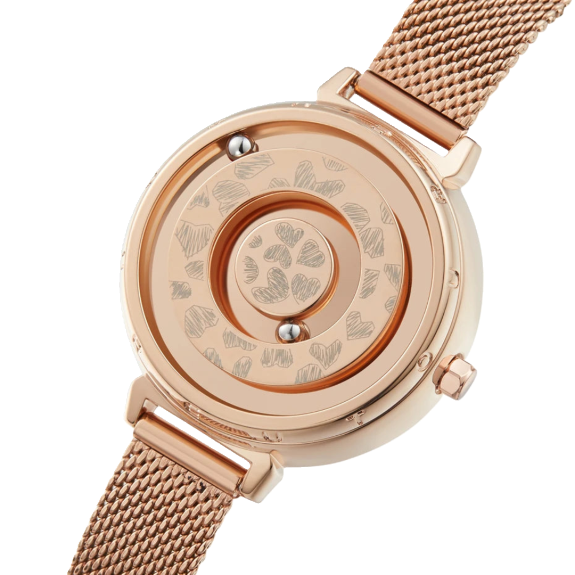 Rose gold watch with intricate design on a white background