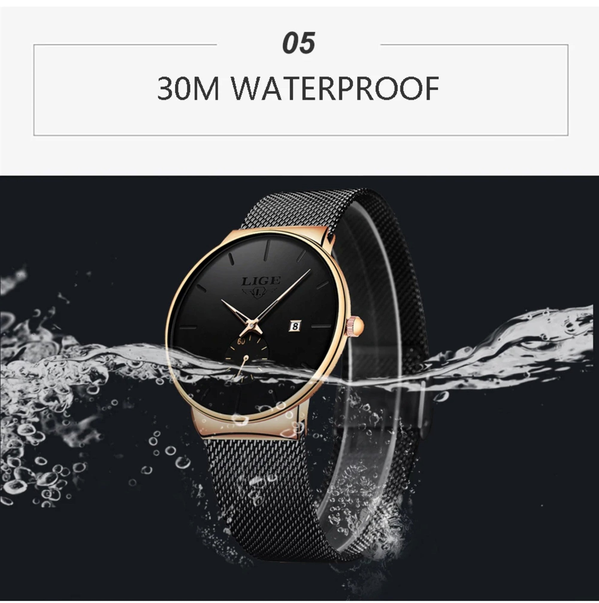 Black and gold watch with water splashing around it, indicating waterproof feature.