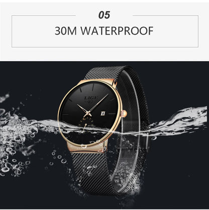 Black and gold watch with water splashing around it, indicating waterproof feature.