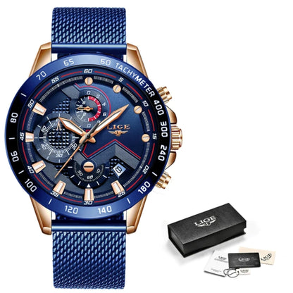 Blue watch with rose gold accents and LIGE branding on a white background