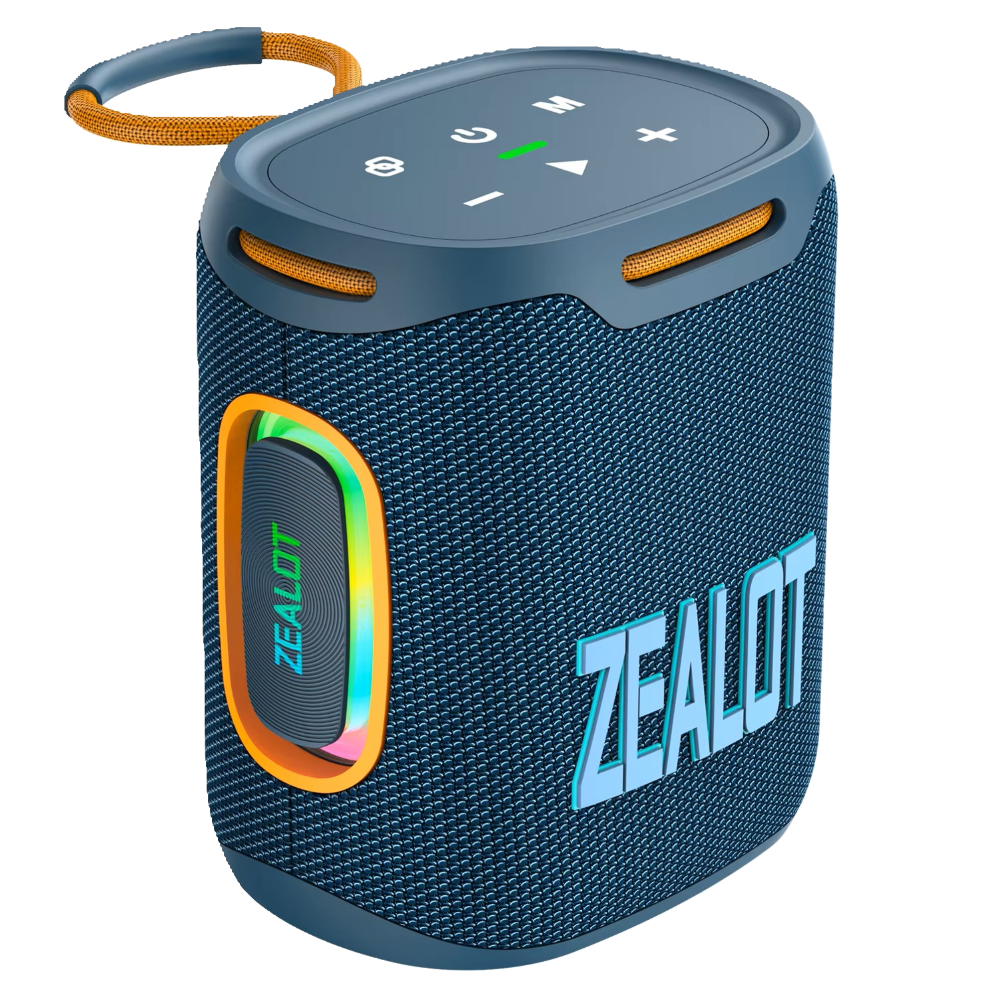 A portable wireless speaker with a blue and gray color scheme, featuring the Zealot brand name on the front.