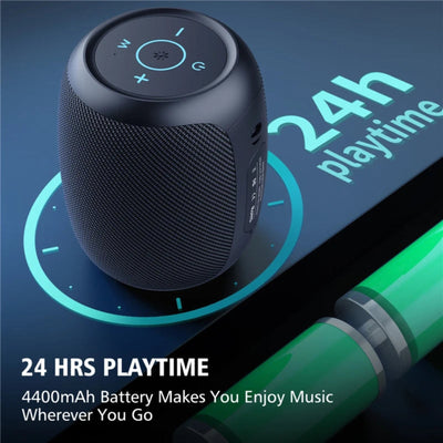 Black portable speaker with '24h playtime' text and battery icon on a dark blue background