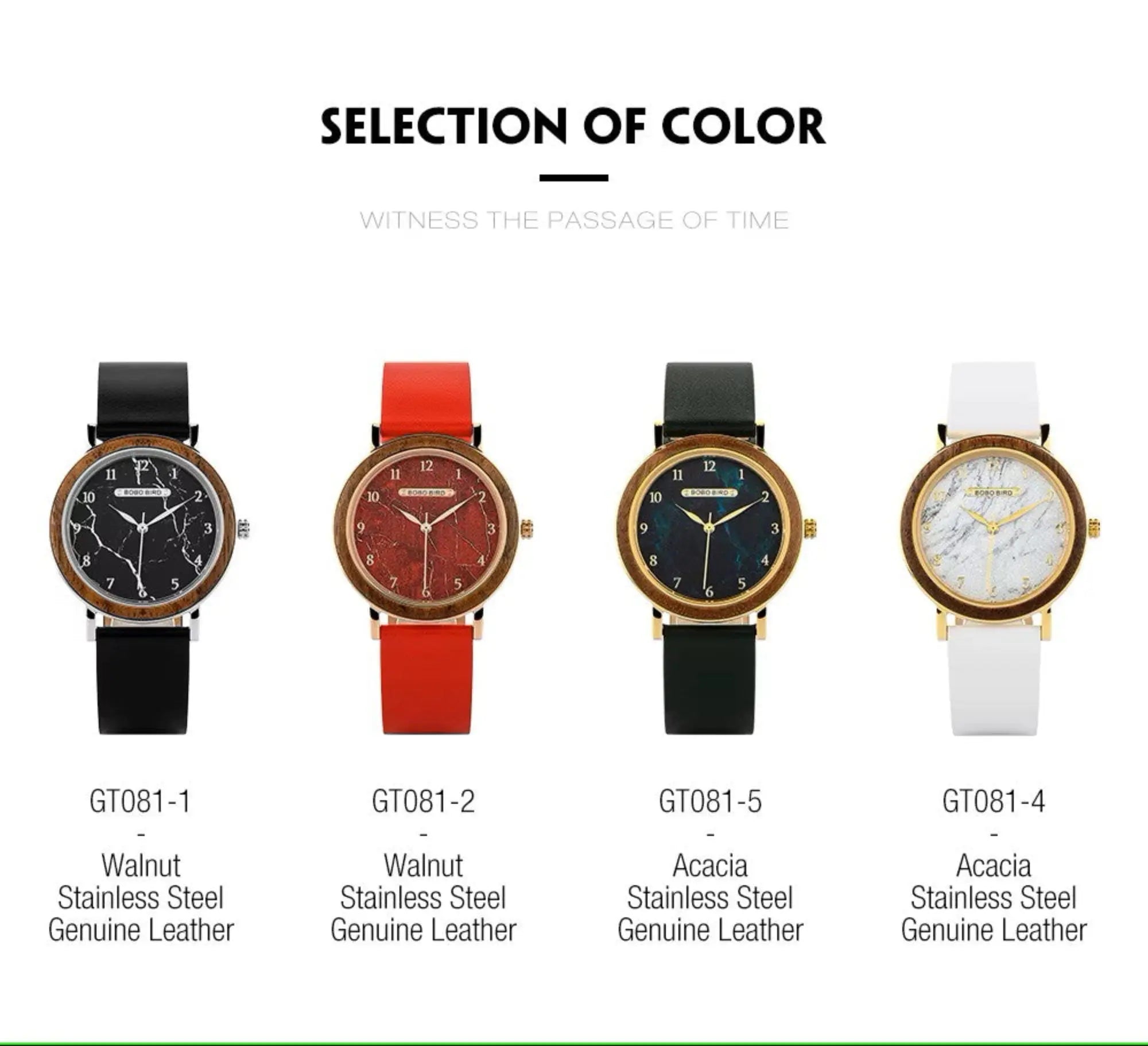 Four watches with different color combinations on a white background
