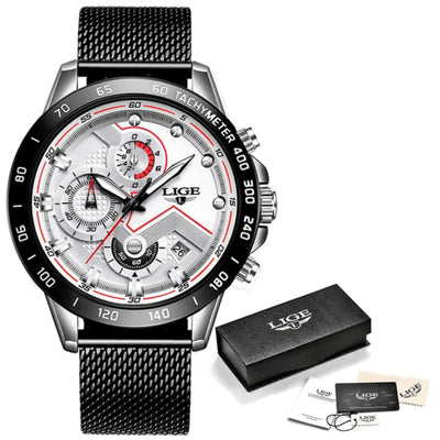 Luxury watch with black mesh strap and LIGE branding, including a box and accessories on a white background.