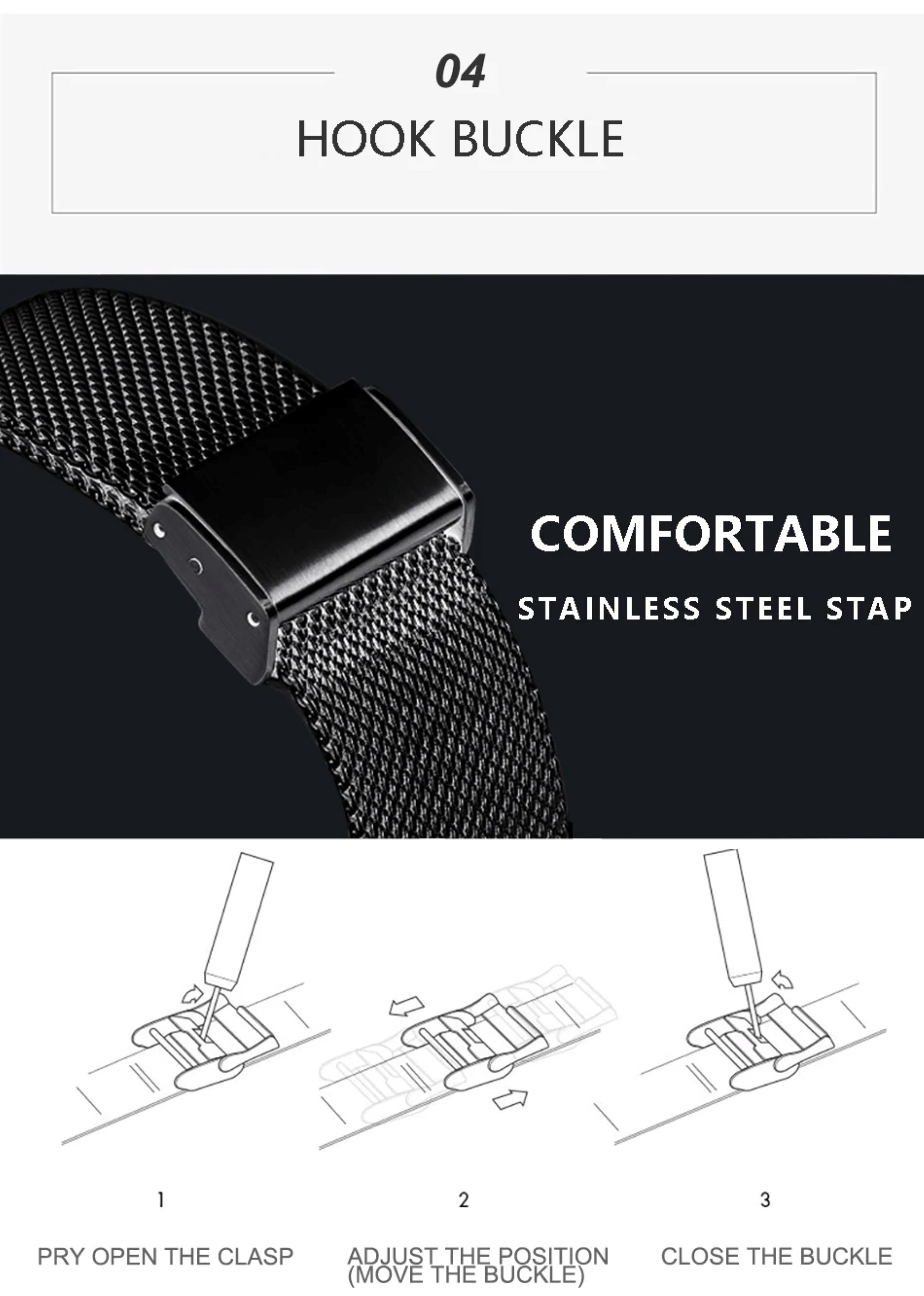 Stainless steel mesh watch strap with hook buckle on a black background