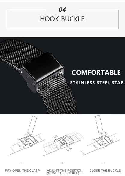 Stainless steel mesh watch strap with hook buckle on a black background