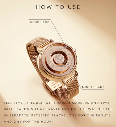 Gold watch with labeled hour and minute hands on a beige background