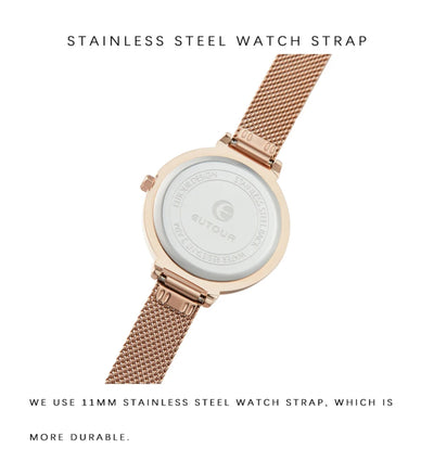 Rose gold watch with stainless steel strap on a white background