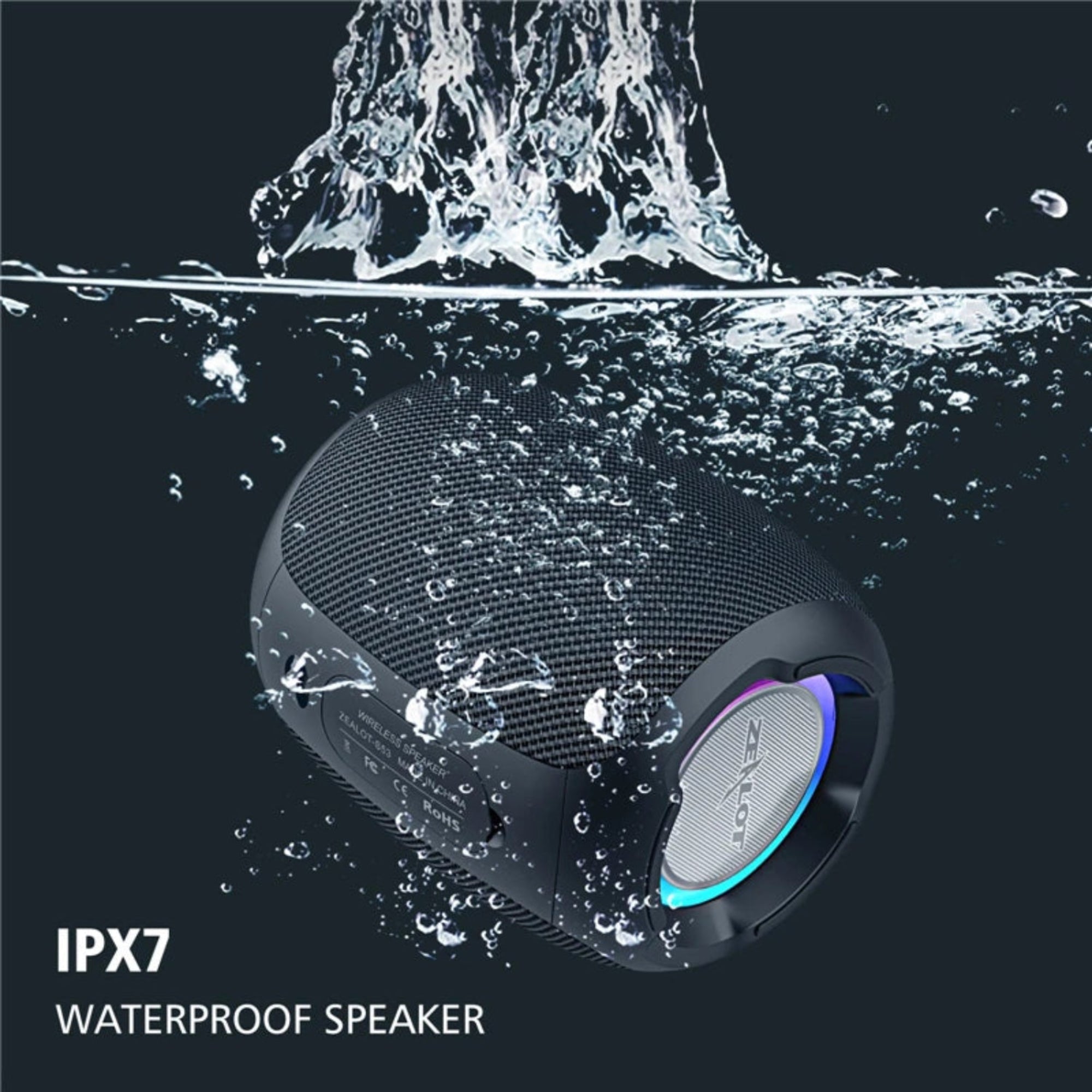 Waterproof speaker with water droplets and splashes on a dark background, featuring the brand 'Loudone'.