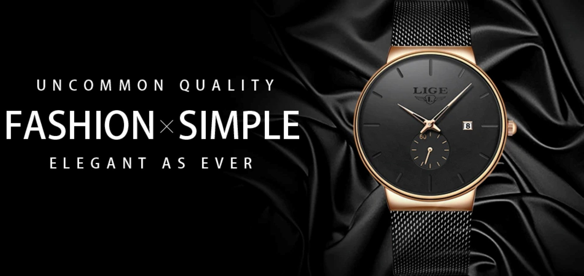 Luxury watch with black face and gold casing on black fabric background, featuring brand 'LIGE'.