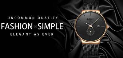 Luxury watch with black face and gold casing on black fabric background, featuring brand 'LIGE'.