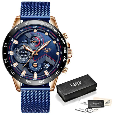 Luxury watch with blue strap and detailed face, accompanied by a black box and accessories on a white background.