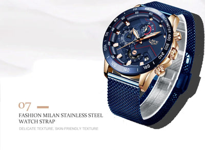 Blue and rose gold watch with detailed face on a white background