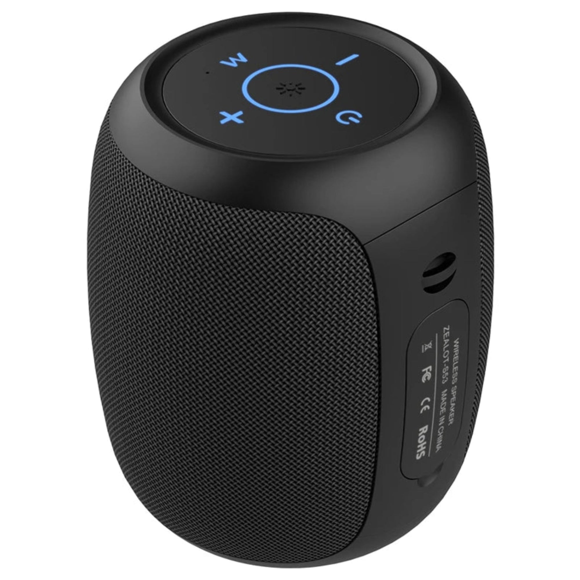 A portable Bluetooth speaker in black color with a colorful LED light on top, surrounded by water indicating its waterproof feature.