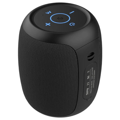 A portable Bluetooth speaker in black color with a colorful LED light on top, surrounded by water indicating its waterproof feature.