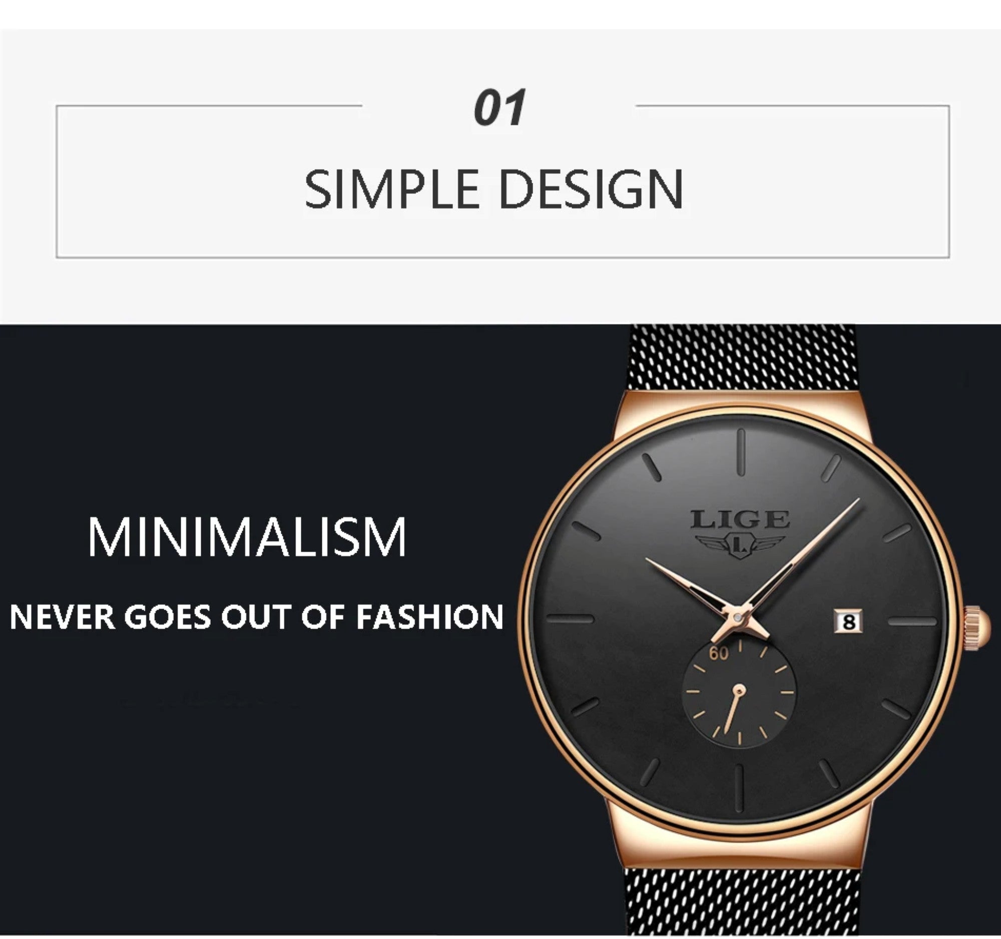 LIGE watch with black face and rose gold casing on a white background