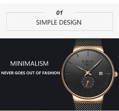 LIGE watch with black face and rose gold casing on a white background
