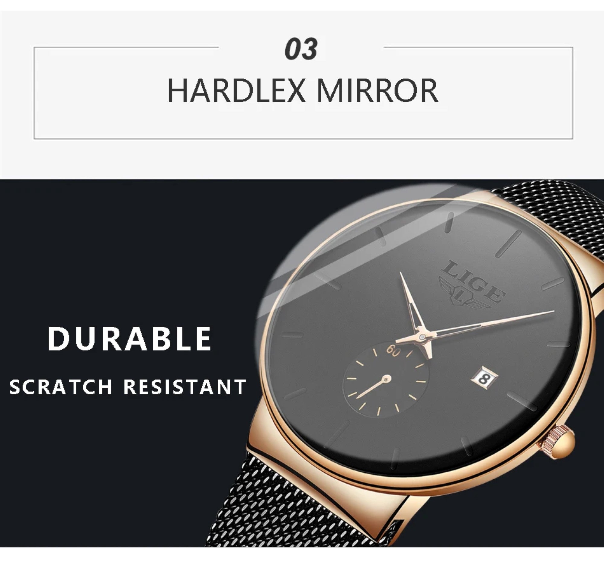 LIGE watch with hardlex mirror and scratch-resistant feature on a black background