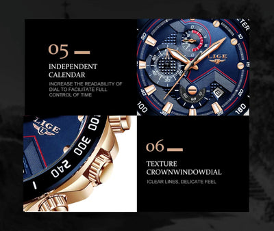 Watch with detailed design and text on a black background