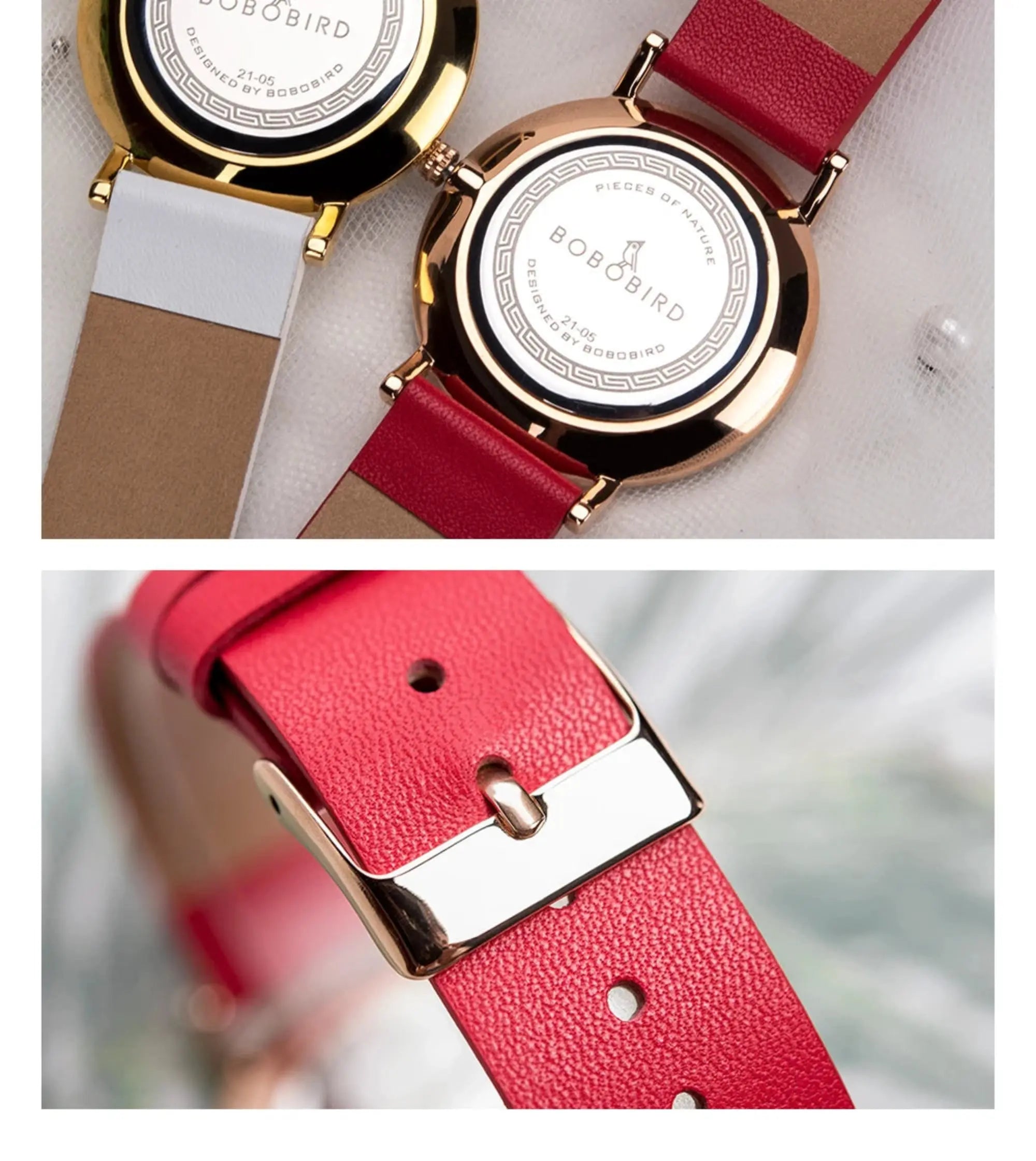 Watch with gold case and red leather strap, close-up of strap detail.