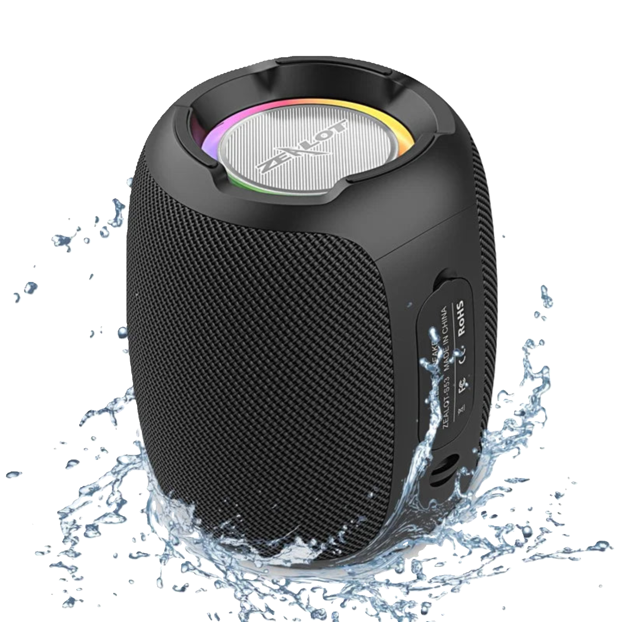A portable Bluetooth speaker in black color with a colorful LED light on top, surrounded by water indicating its waterproof feature.