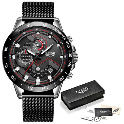 Black and red LIGE watch with packaging on a white background