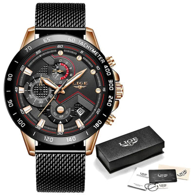 Luxury watch with black strap and detailed face, accompanied by a box and card on a white background