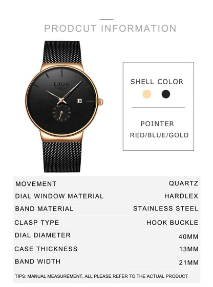 Black watch with gold accents on a white background, featuring product details.