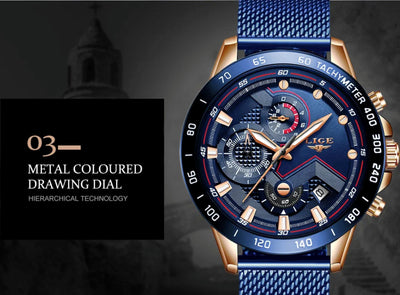 Blue watch with detailed face on a dark background