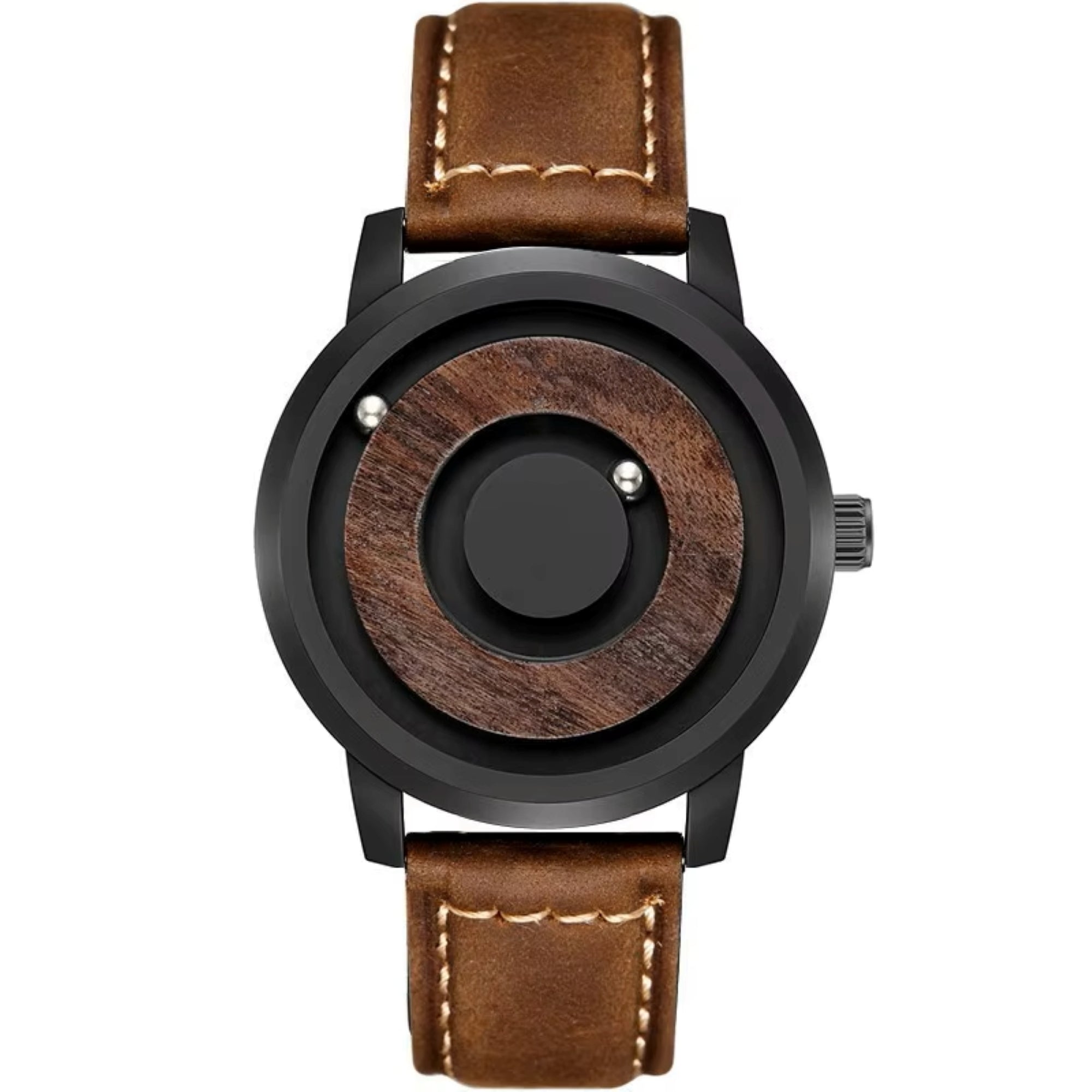 Watch with brown leather strap and wooden face on white background