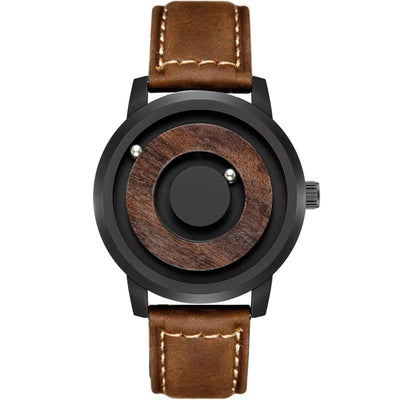 Watch with brown leather strap and wooden face on white background
