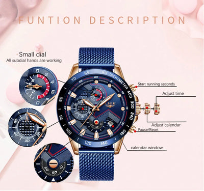 Blue wristwatch with detailed function description on a pink background