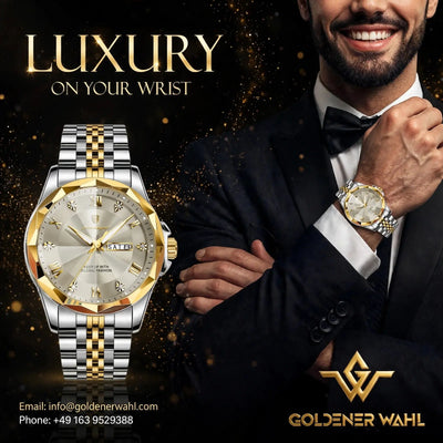 A luxury men's watch by Goldener Wahl, featuring a two-tone silver and gold stainless steel bracelet and case with a champagne dial, shown next to a smiling man in a black tuxedo wearing the watch.