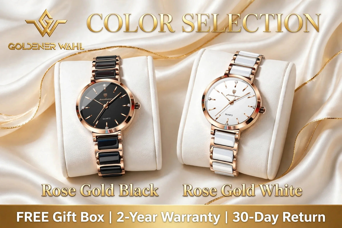 Two Goldener Wahl wristwatches displayed on white cylindrical pedestals against a champagne satin background. The left watch has a rose gold case with a black dial and black ceramic links.