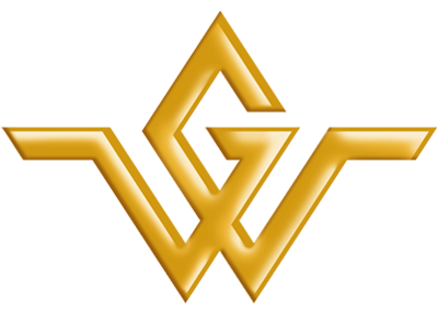 Gold logo with a geometric design on a white background